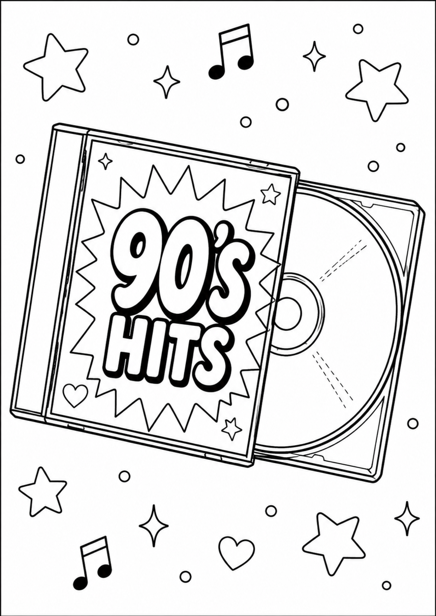 Coloring page of a '90s Hits' CD with stars and music notes around it.