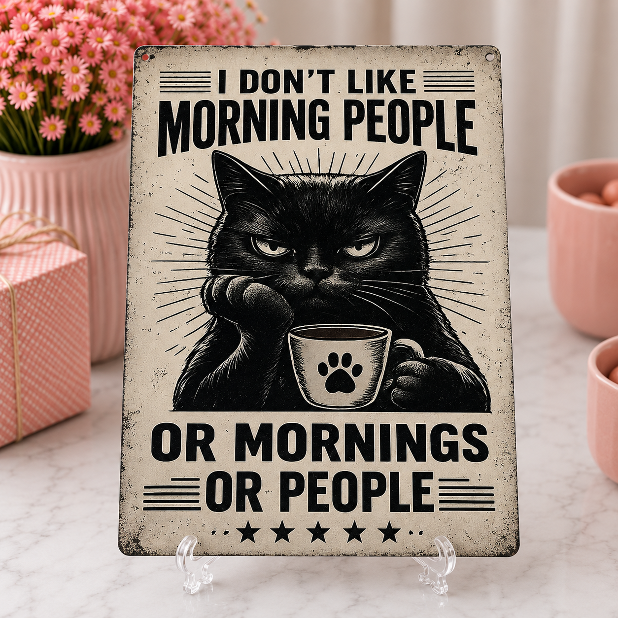 Decorative sign with a black cat holding a coffee cup and text about不喜欢早晨的人