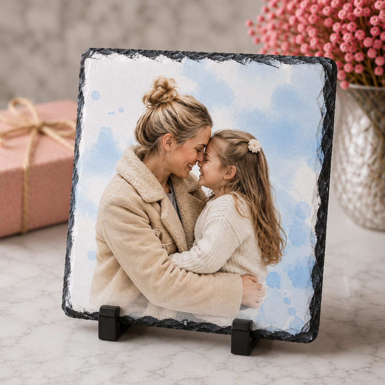Slate photo plaque with a mother and daughter embracing on a decorative surface.