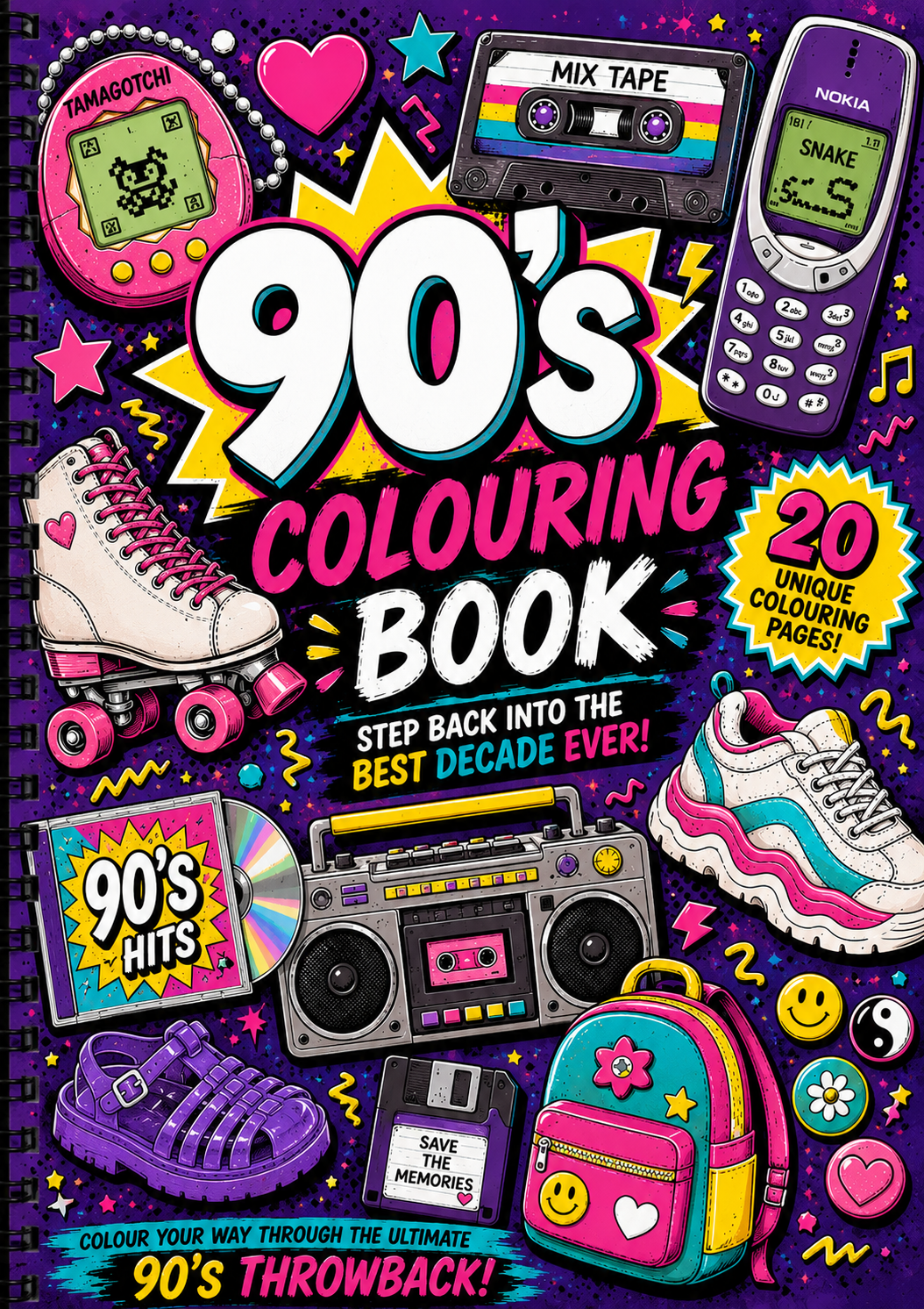 Cover of a '90s Colouring Book' with retro-themed illustrations on a purple background.