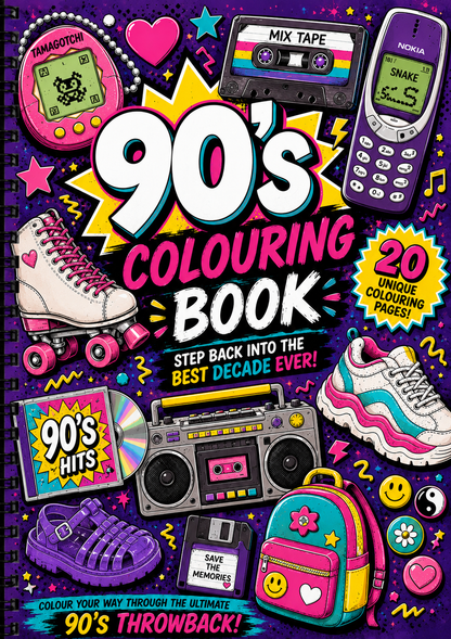Cover of a '90s Colouring Book' with retro-themed illustrations on a purple background.
