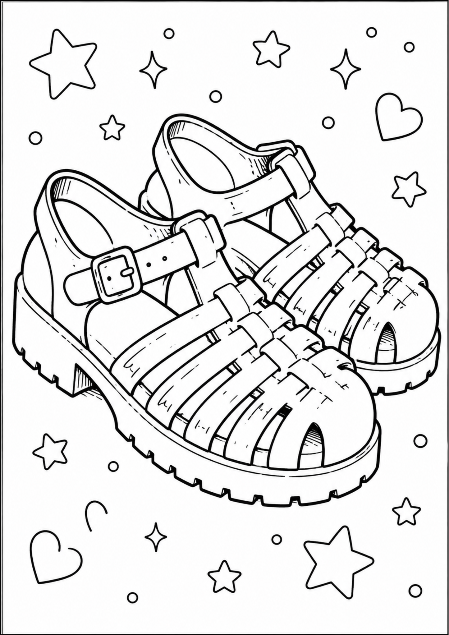 Black and white illustration of children's sandals with decorative stars and hearts on a white background