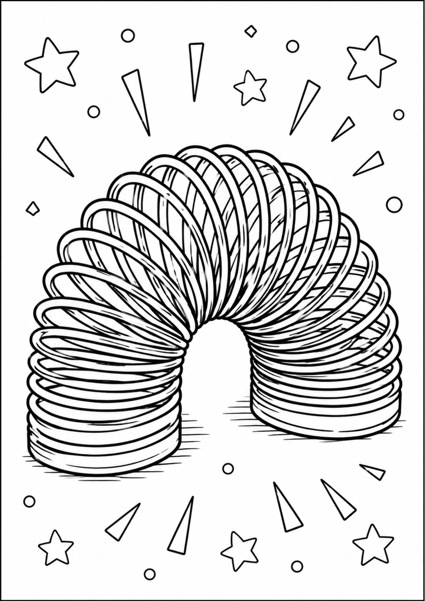 Black and white illustration of a slinky toy with stars and triangles around it.