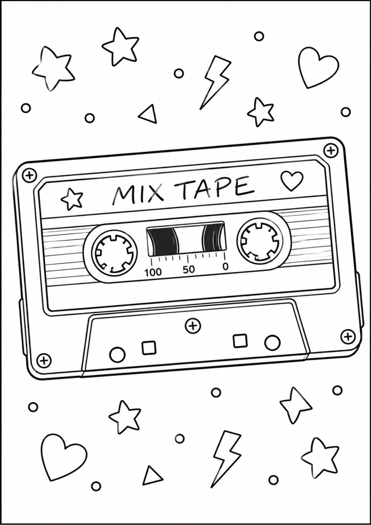 Black and white illustration of a mix tape cassette with decorative elements on a white background