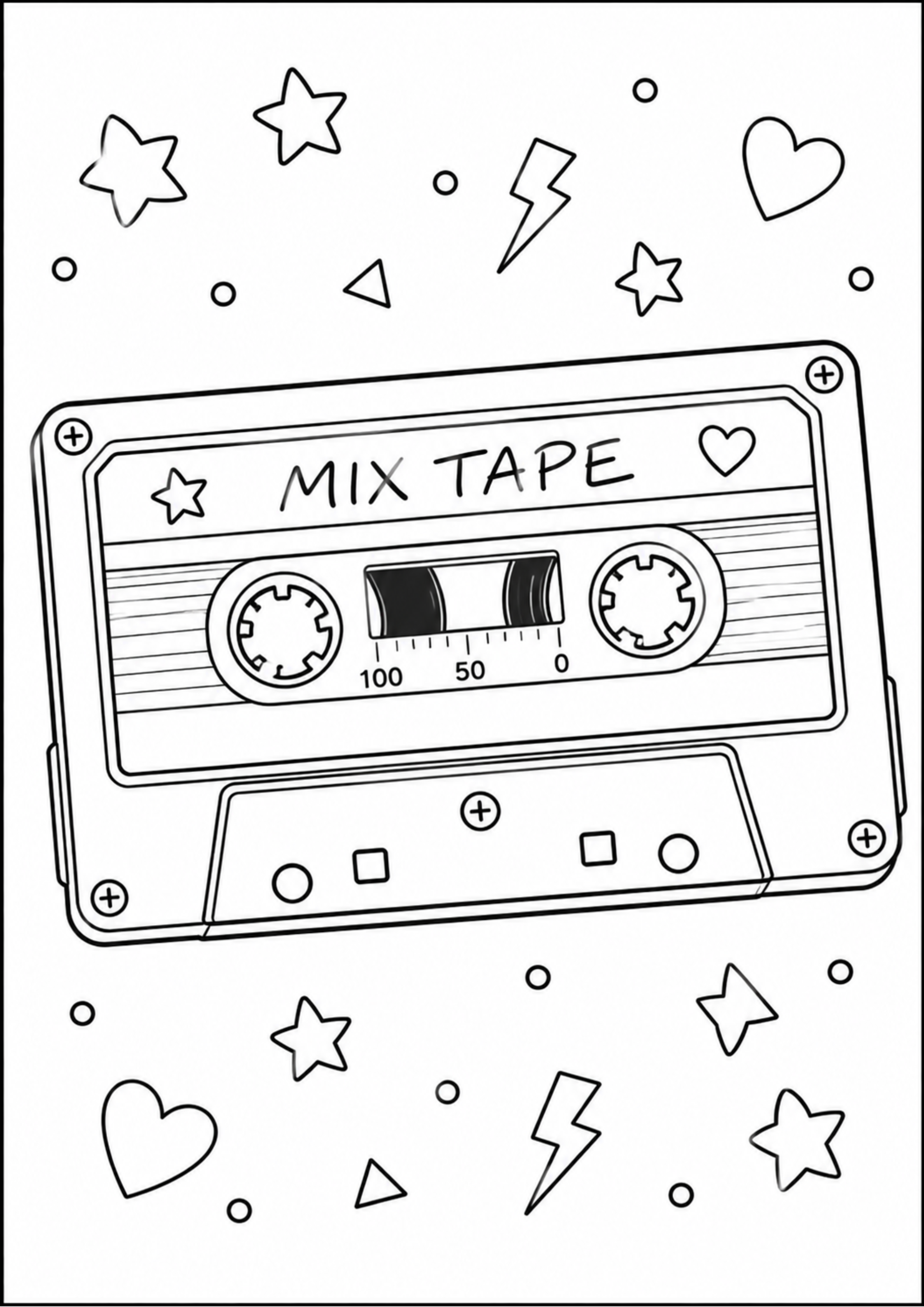 Black and white illustration of a mix tape cassette with decorative elements on a white background