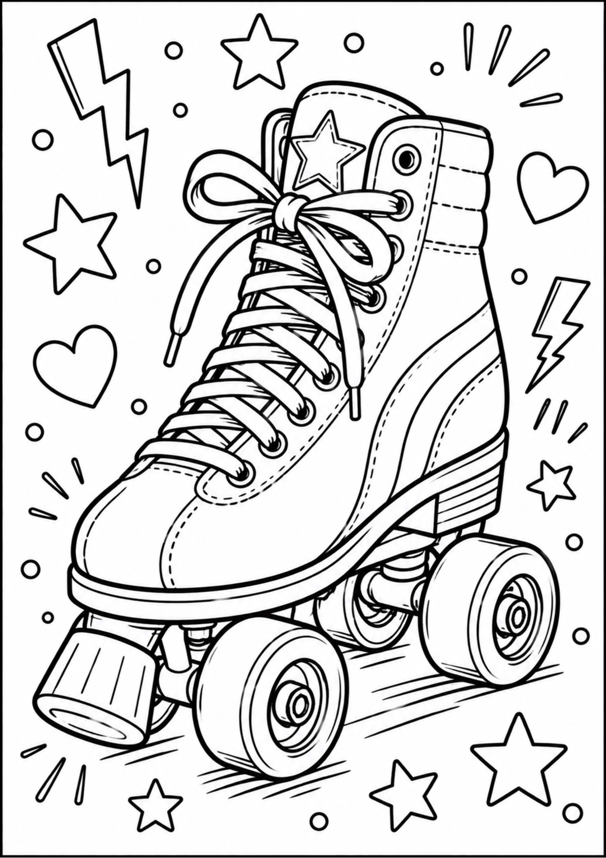 Black and white roller skate with decorative elements on a coloring page