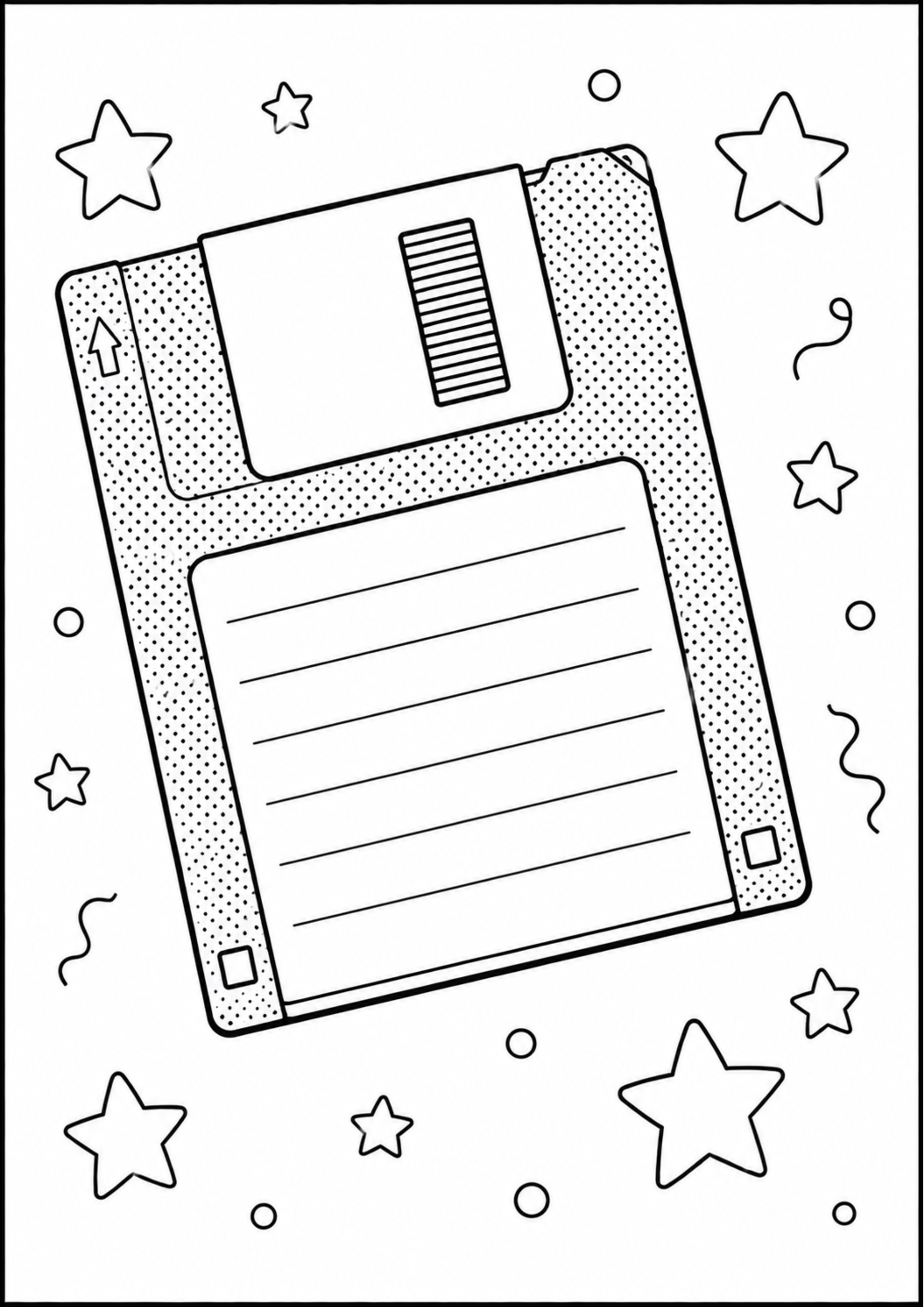 Black and white illustration of a floppy disk with stars around it