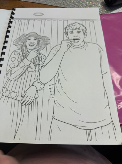 Line drawing of two people on a piece of paper with a purple background.