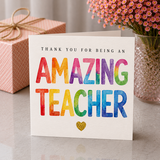 Card with 'Thank you for being an amazing teacher' text in rainbow colors, placed on a surface with a gift and flowers in the background.