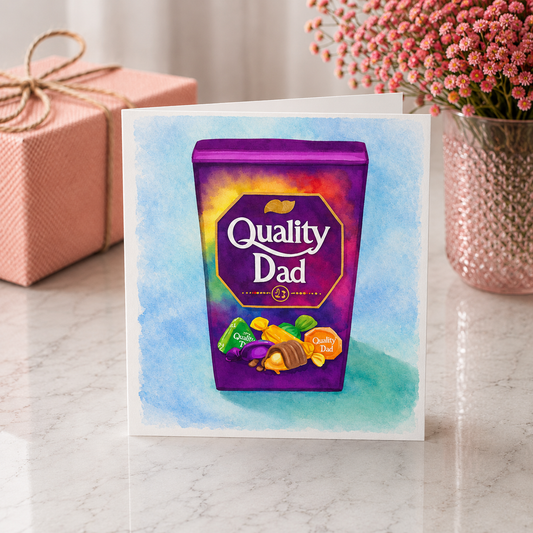 Greeting card with 'Quality Dad' chocolate packaging design on a marble surface with a gift and flowers.