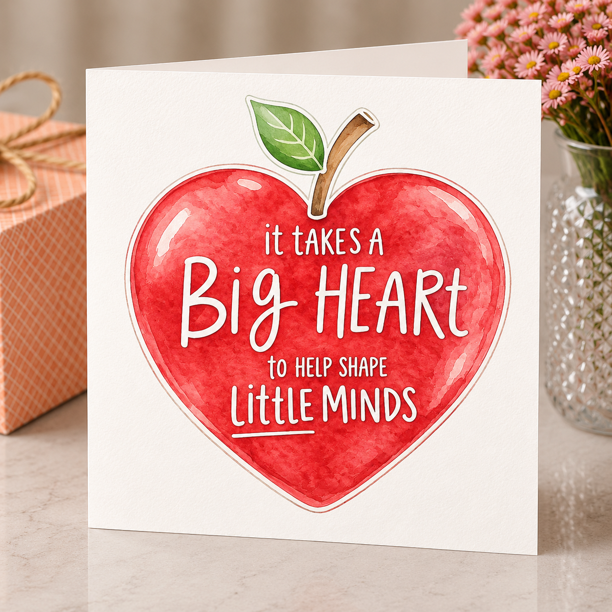 Card with a red heart and text 'It takes a big heart to help shape little minds' on a table.