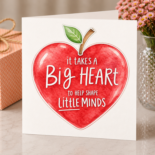 Card with a red heart and text 'It takes a big heart to help shape little minds' on a table.