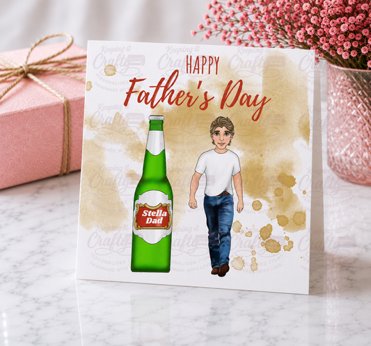 Father's Day card with a bottle and person illustration, featuring Stella Artois branding.