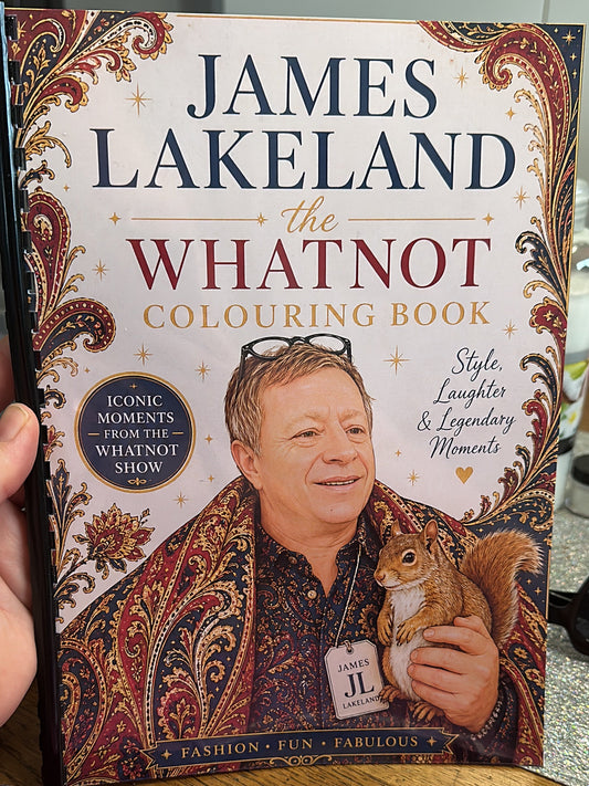 Book titled 'What Not' Colouring Book by James Lakeland held by a person.