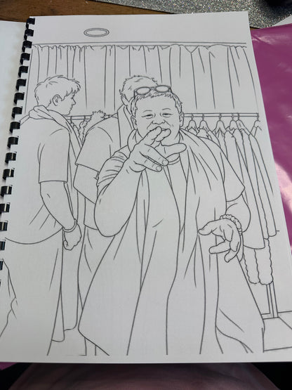 Line drawing of two characters on a piece of paper with a purple background