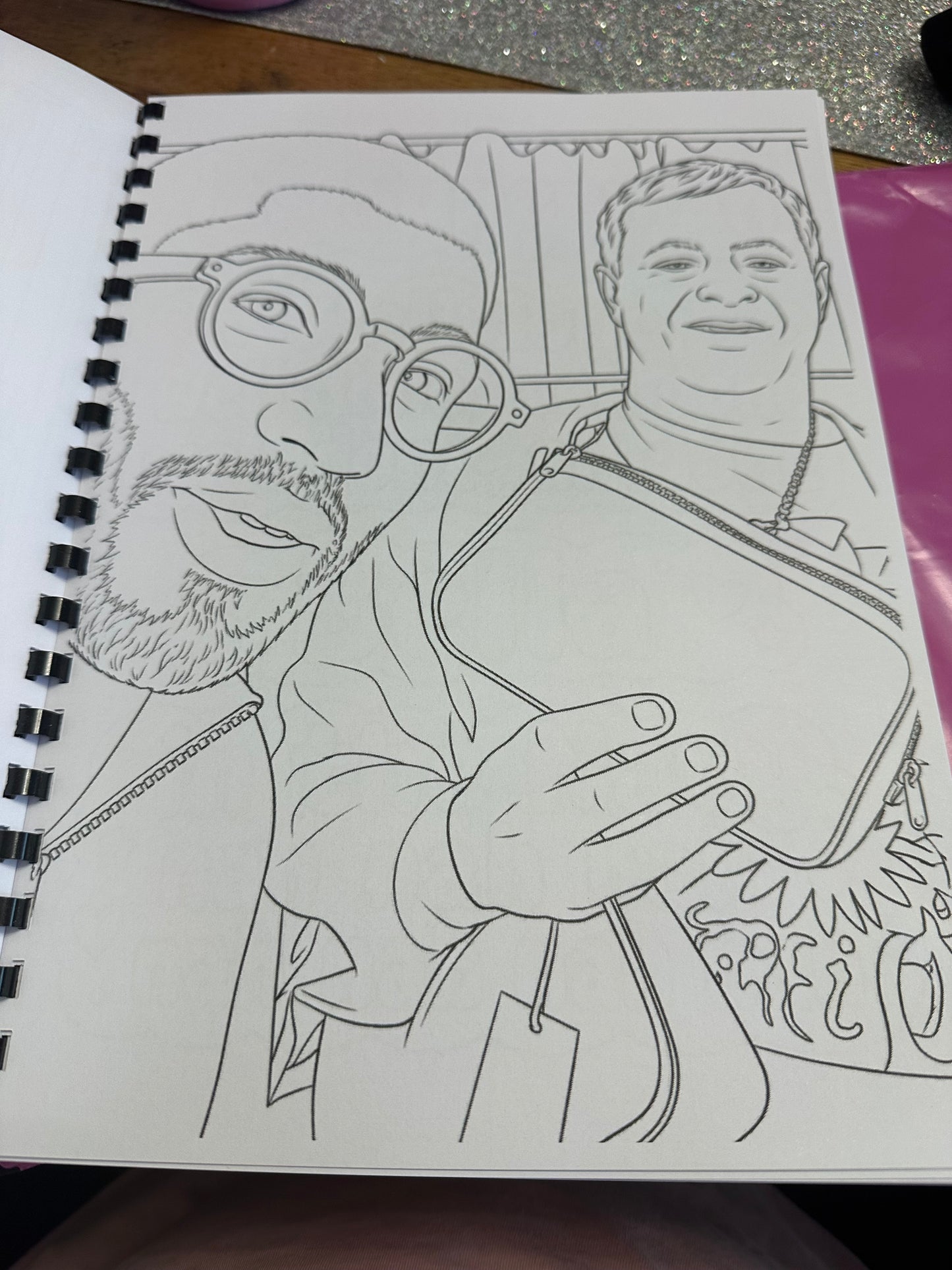 Outline drawing of a person wearing glasses peeking round the screen with another person holding a handbag