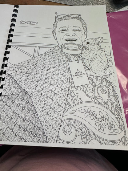 Coloring book page with a detailed illustration of a person and a piggy bank.