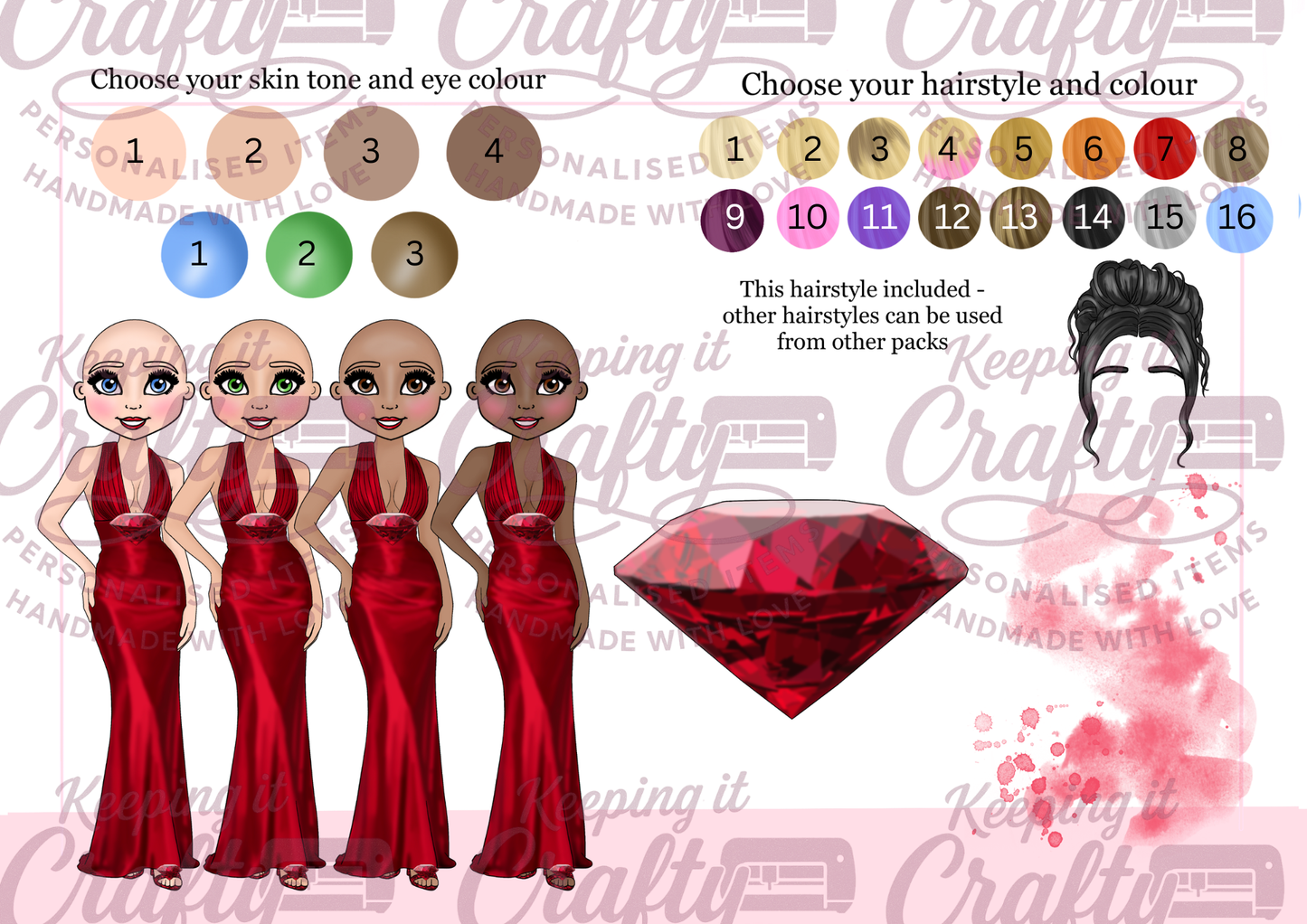 A digital preview sheet for a custom dress design pack, showing four cartoon female figures wearing red satin floor-length gowns, a large red gem illustration, and color selection circles for skin tone, eye color, and hair color. The image has a repeating watermark reading 'Keeping it Personalised Crafty'.