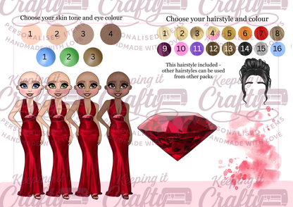 A digital preview sheet for a custom dress design pack, showing four cartoon female figures wearing red satin floor-length gowns, a large red gem illustration, and color selection circles for skin tone, eye color, and hair color. The image has a repeating watermark reading 'Keeping it Personalised Crafty'.