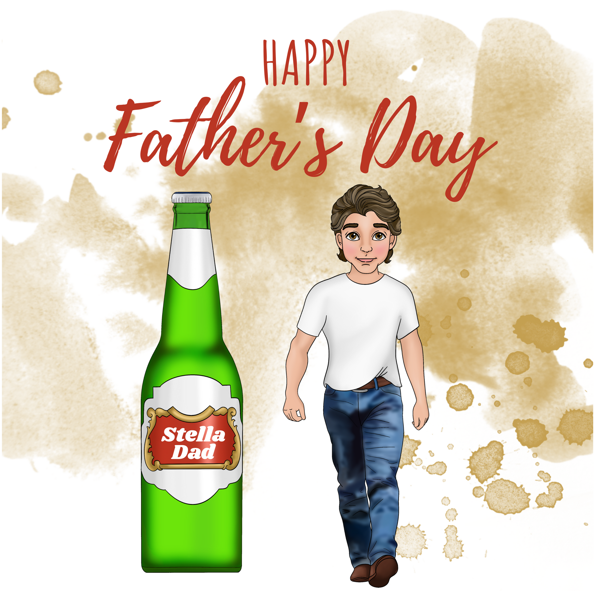 Stella Artois bottle with a child illustration and 'Happy Father's Day' text on a textured background.