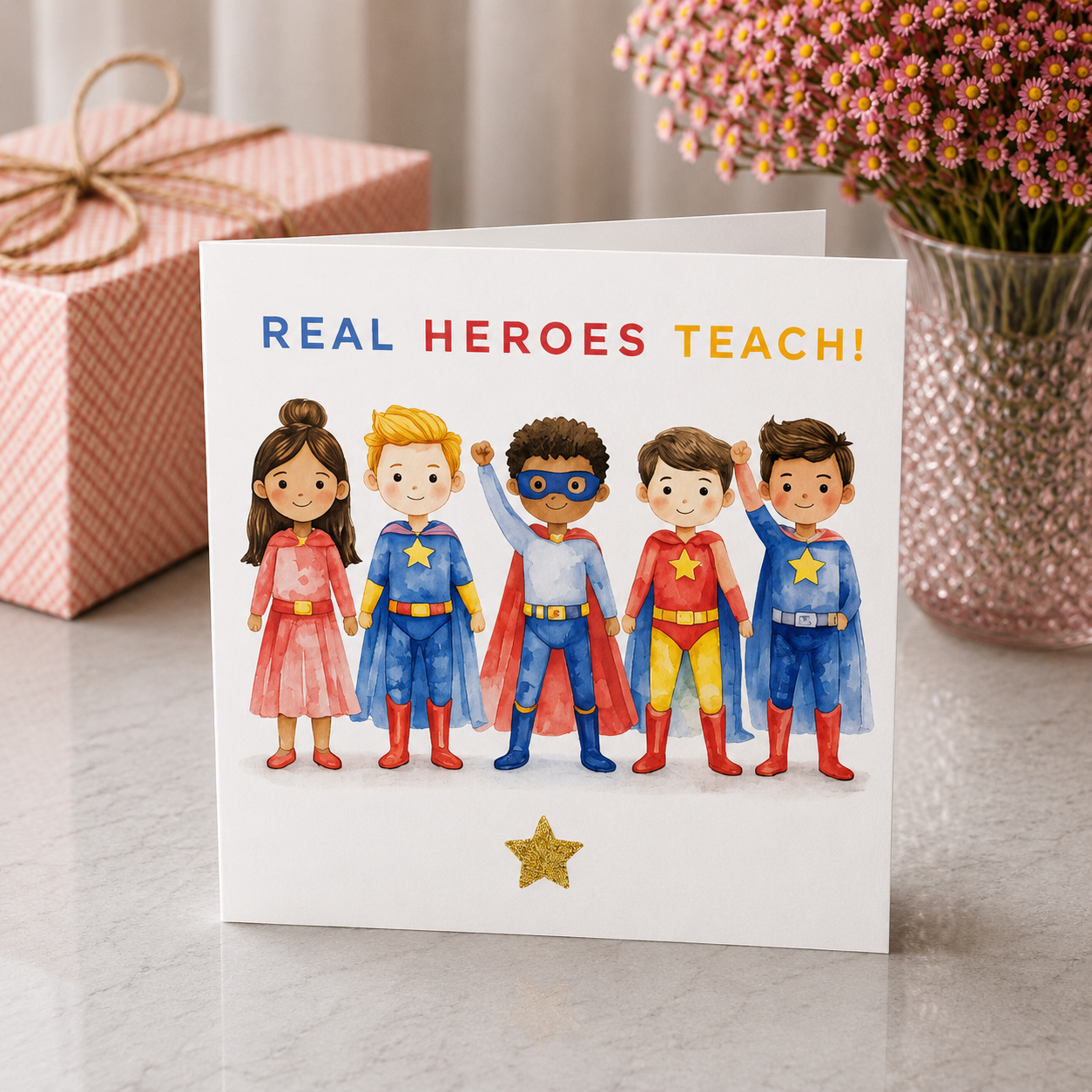 Card with cartoon characters in superhero costumes and 'Real Heroes Teach!' text, placed on a surface with a gift and flowers in the background.