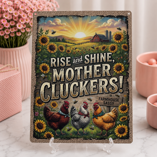 Decorative sign with chickens and sunflowers on a stand, featuring text 'Rise and Shine, Mother Cluckers!' in a farm setting.