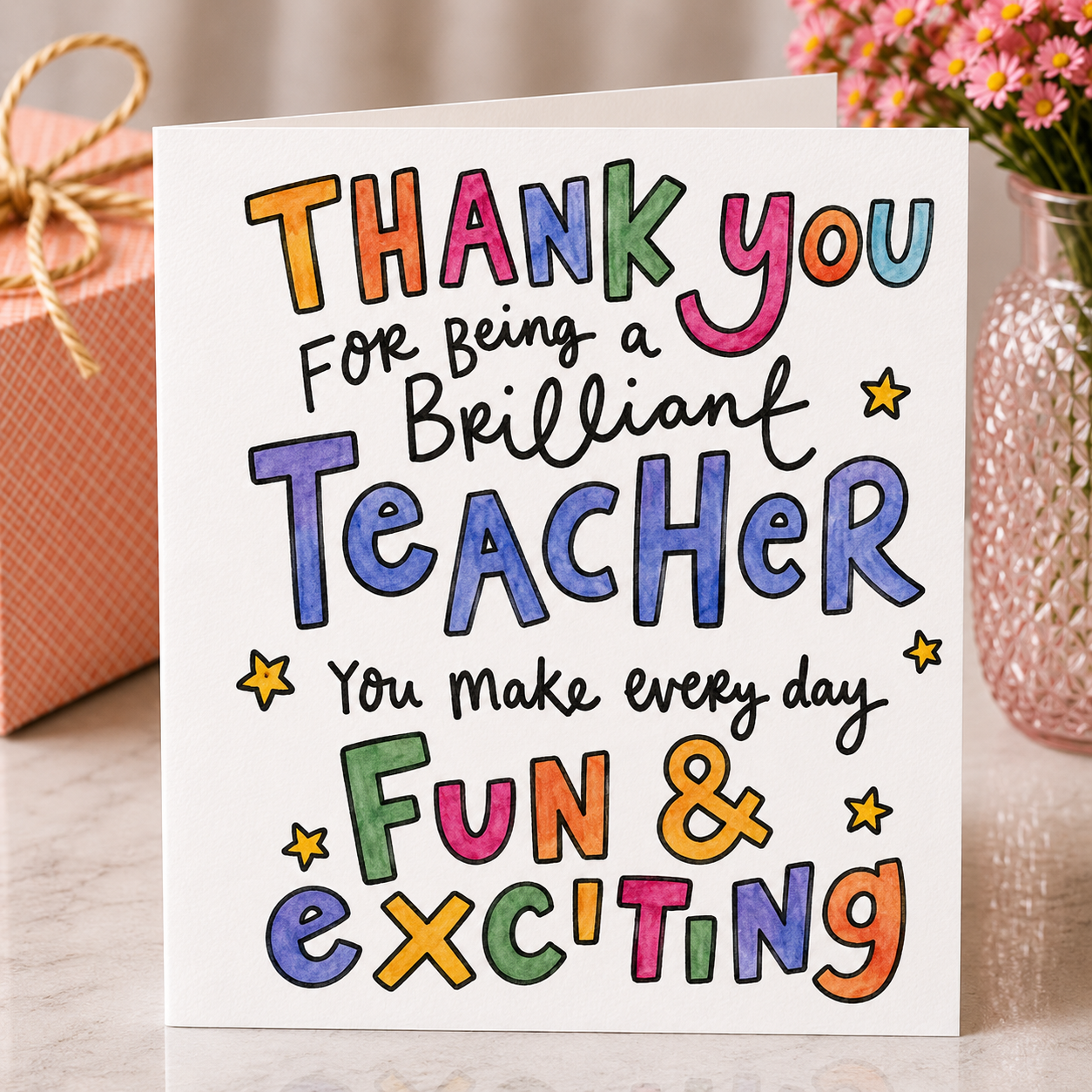 Colorful card with 'Thank you for being a brilliant teacher' text on a white card set on a white marble background with decorative items.