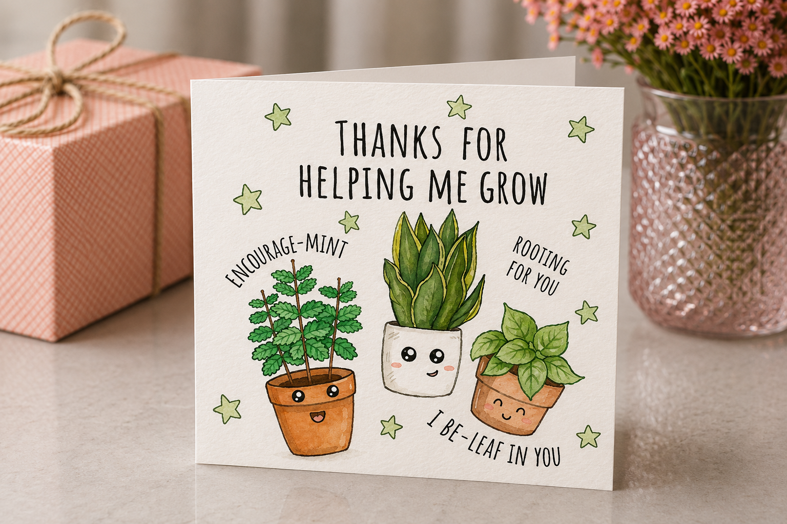 Greeting card with cartoon plants and text on a table with a gift and flowers.