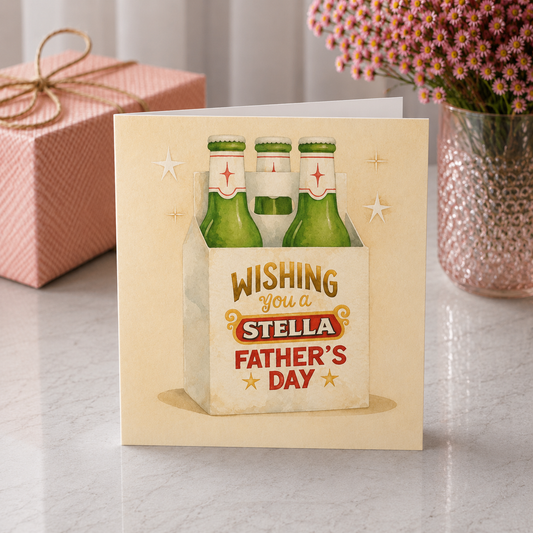 Father's Day card with Stella Artois bottles and text on a table with a gift and flowers.