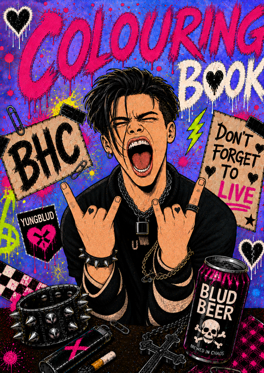 Cover of a 'Colouring Book' with a person making rock signs, surrounded by text and a can labeled 'Blud Beer'.