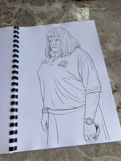 Outline drawing of a person wearing a uniform on a spiral-bound notebook.