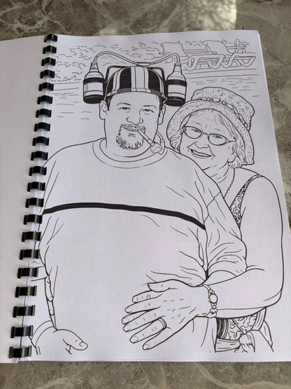 Black and white drawing of a couple on a spiral-bound notebook page.
