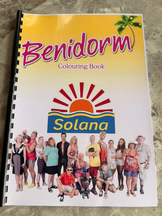 Benidorm colouring book with Solana logo and people on the cover