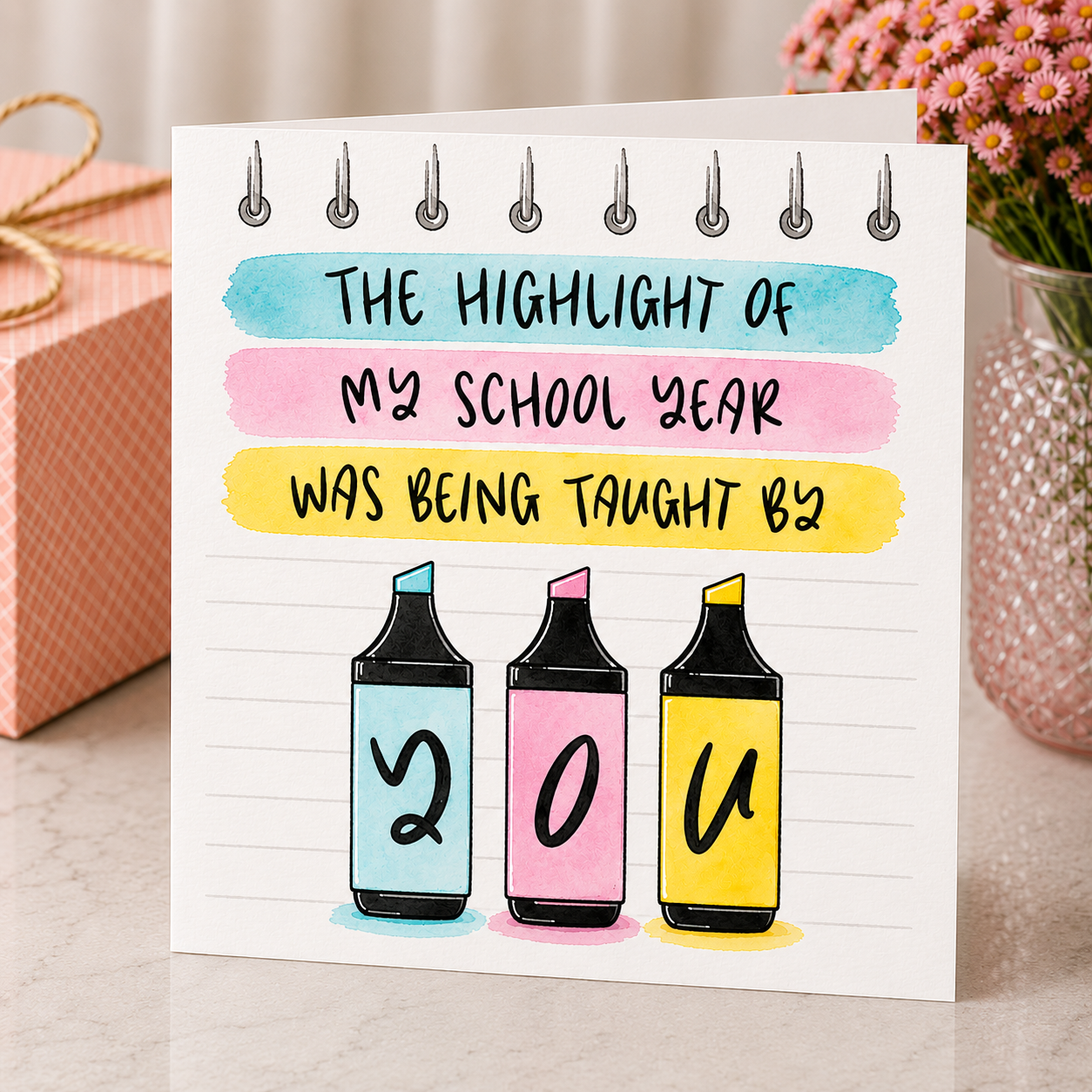 Card with colorful markers and text on a decorative background